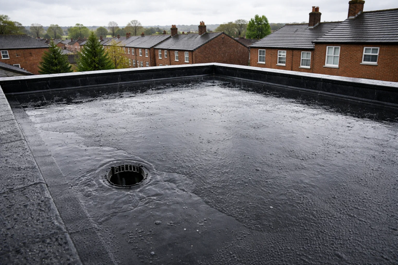 Rainwater pooling on a flat roof in Bolton with surrounding houses under grey skies.