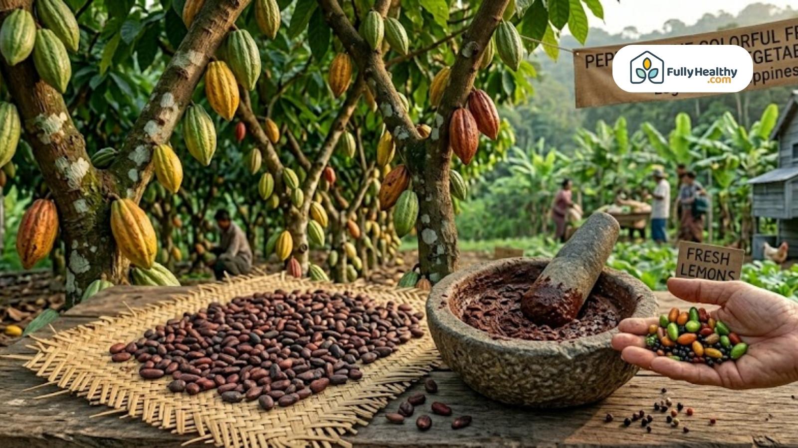 Grinding cacao beans with mortar and pestle beside harvested cocoa pods