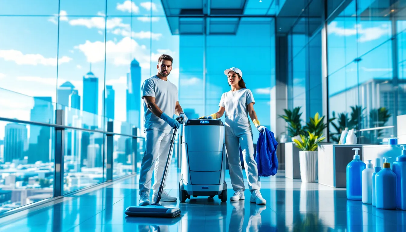 Eco-friendly cleaning products being used by professional cleaners.
