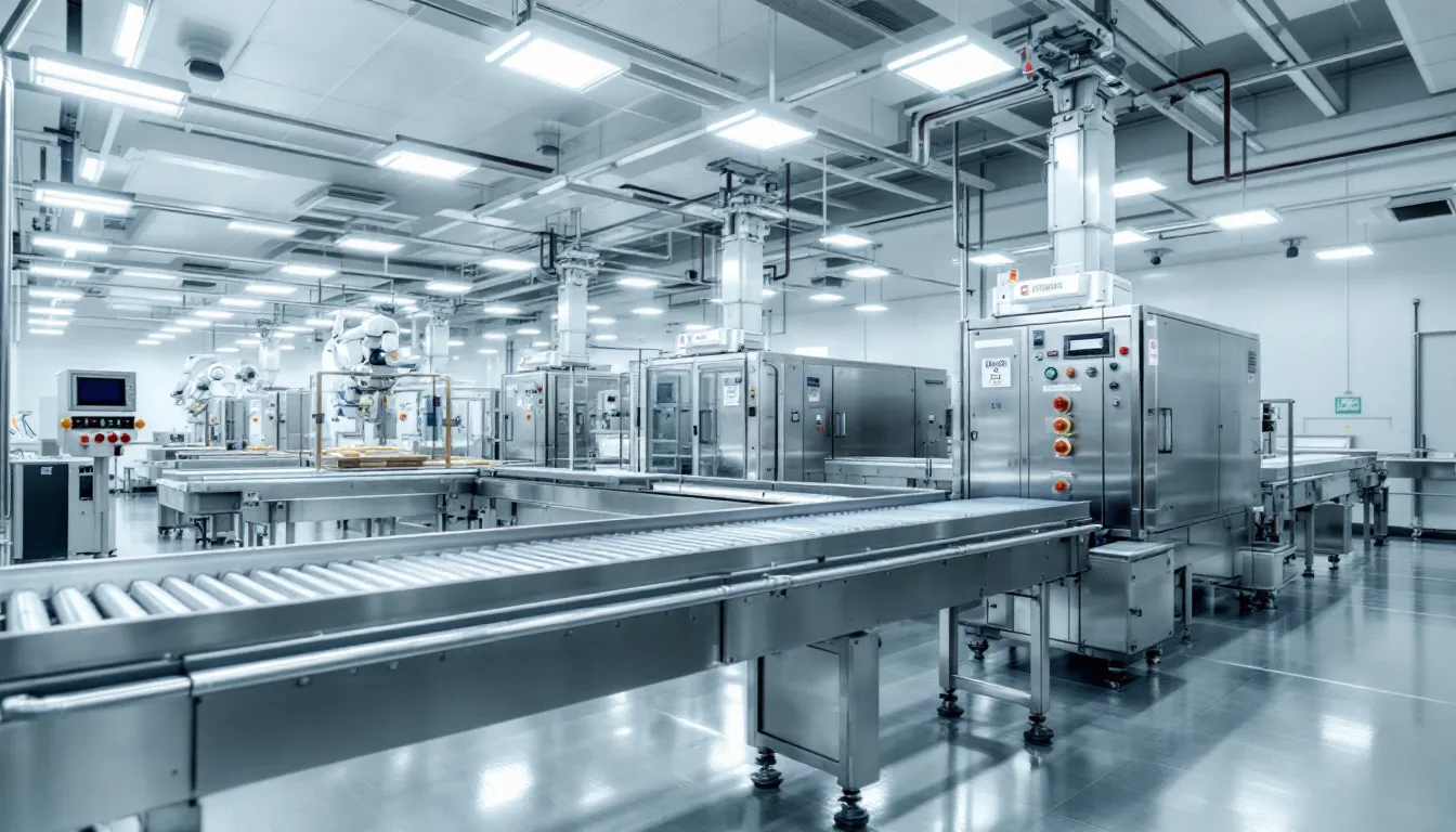 The image depicts an industrial food processing facility featuring stainless steel conveyor systems and advanced packaging machinery, designed for food grade applications. The equipment is meticulously maintained to prevent rust and corrosion, ensuring safe incidental food contact and efficient processing.