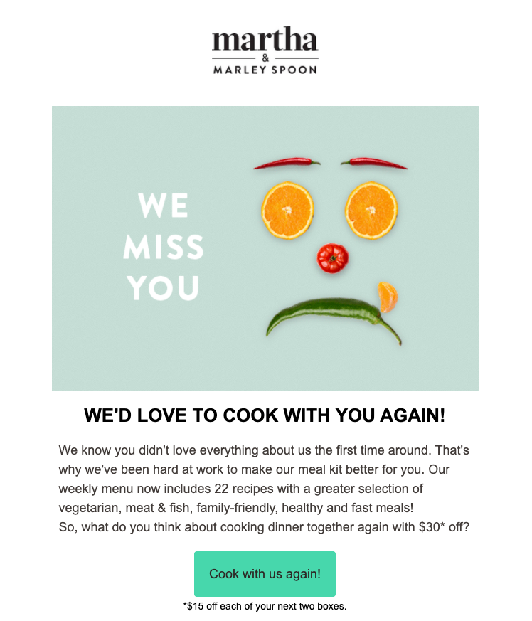 Example Reengagement Email from Martha & Marley Spoon - Source: Voucherify  | TheBloggingBox.com