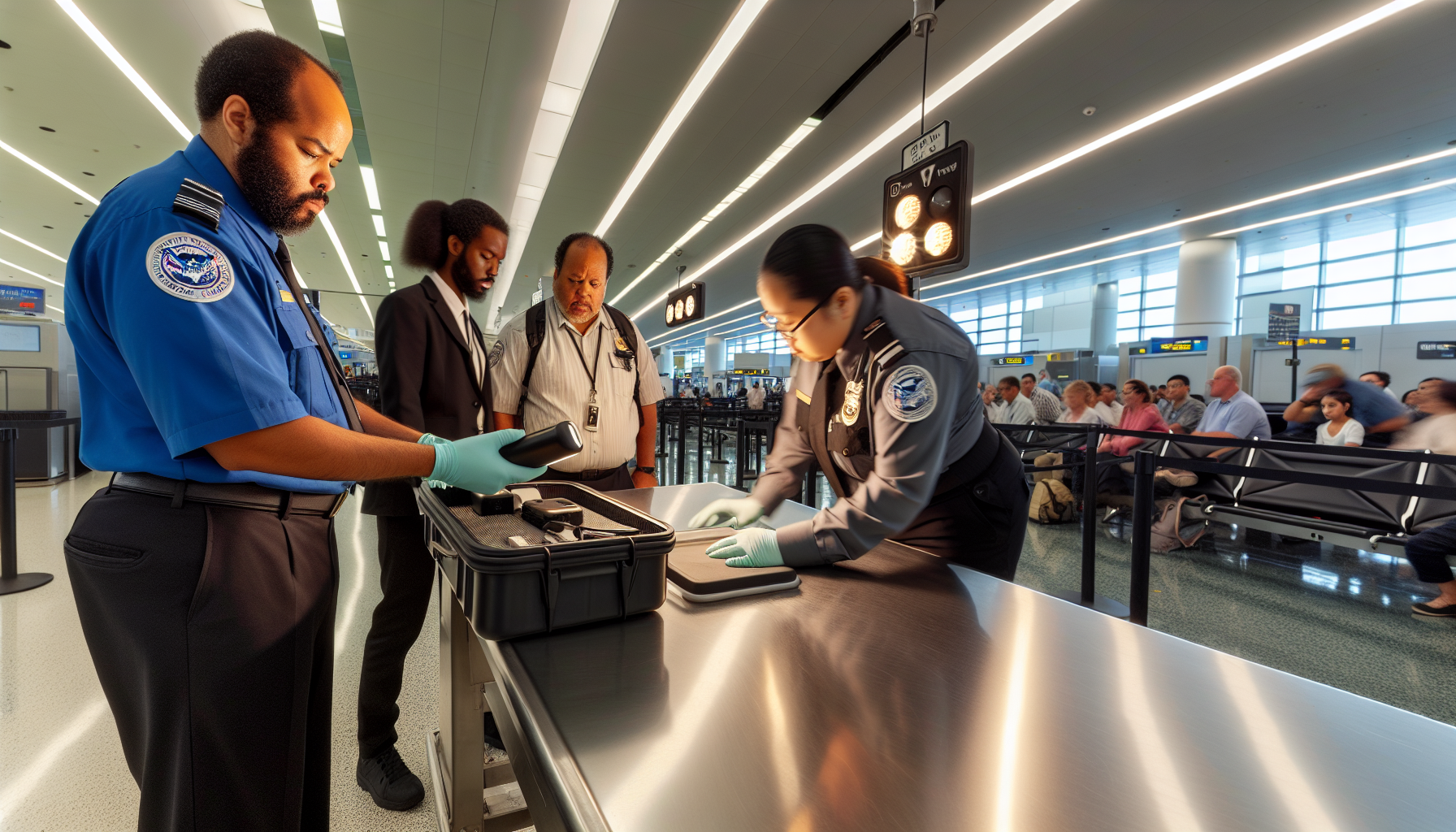 Security personnel inspecting a portable charger at an airport checkpoint