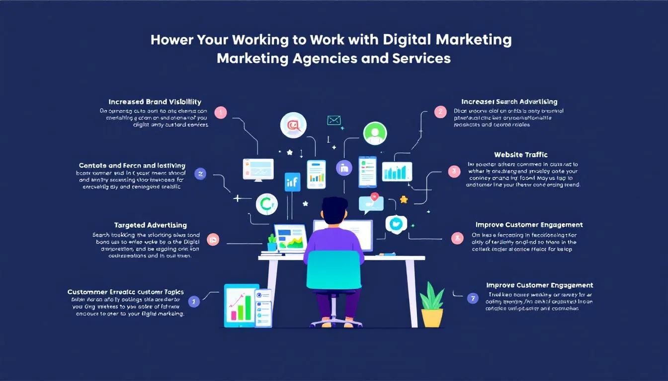 The image illustrates the various benefits of collaborating with digital marketing agencies, highlighting their role in enhancing online visibility and driving business growth through tailored digital marketing strategies. It emphasizes how these agencies offer comprehensive digital marketing services, including social media management, content creation, and performance marketing, to help brands achieve their marketing goals effectively.