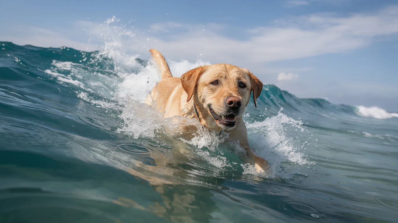 A playful Labrador retriever swims joyfully in the ocean, surrounded by gentle waves. The dog's active nature is evident as it enjoys the water, showcasing the spirit of outdoor adventures that many pet owners cherish.