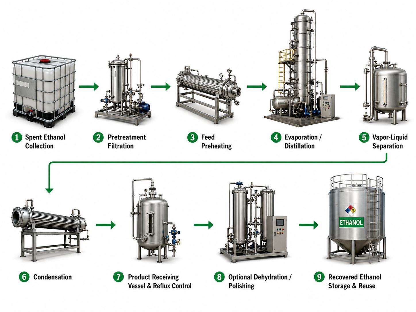 The following process flow shows a typical ethanol recovery route from spent ethanol collection to recovered ethanol storage and reuse.