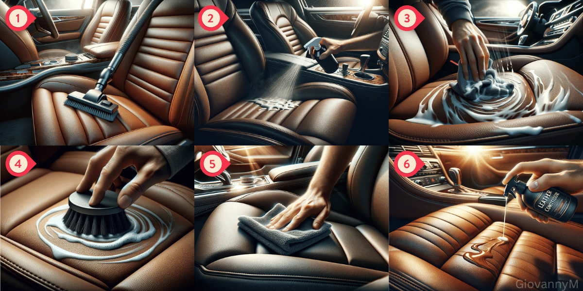 There are many different methods and solution to clean leather seat. Wipe in circular motion and wipe excess conditioner.