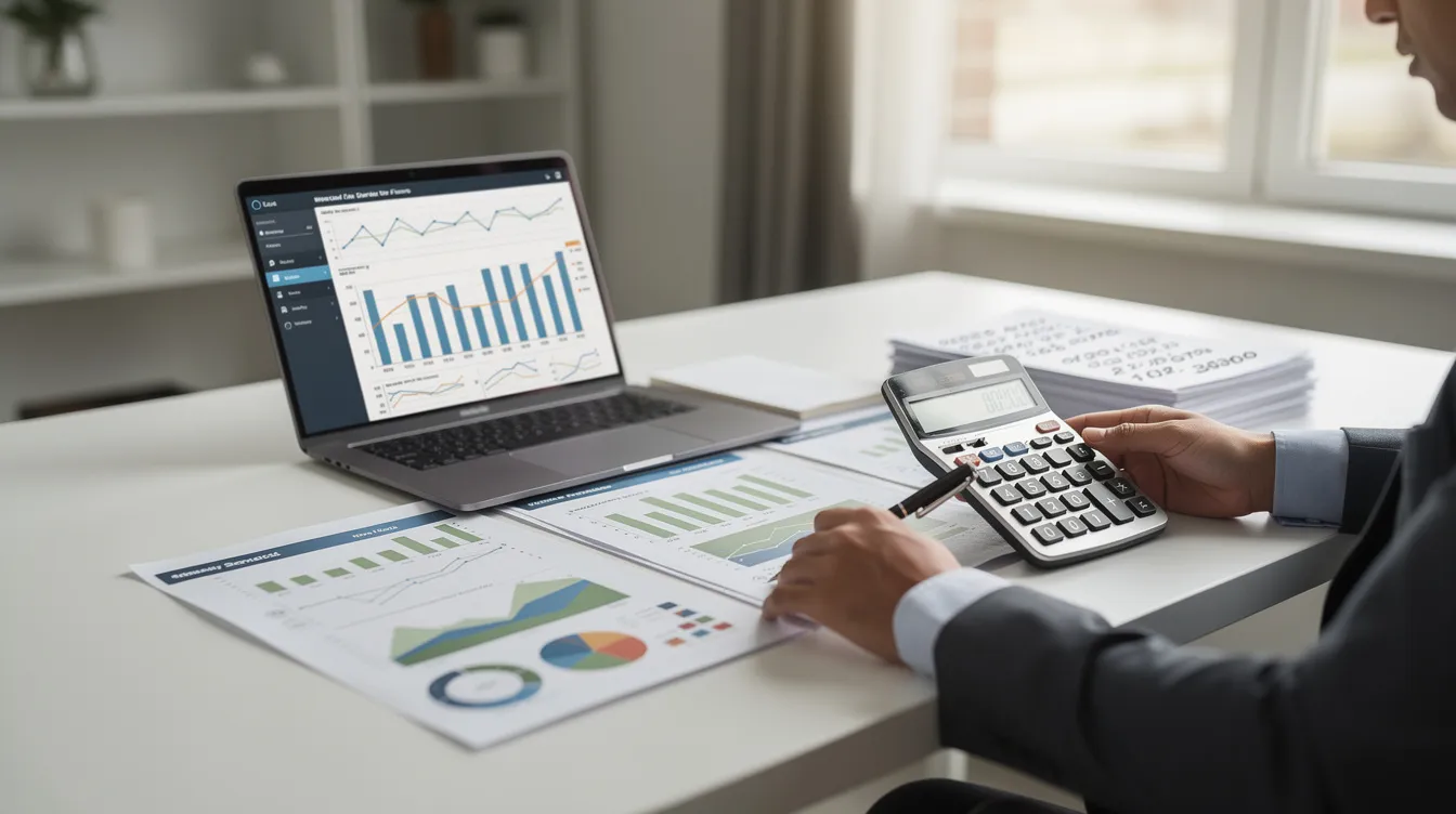 85bd9245 cfd3 448d 860b 1e2ce6d4d874 A professional is seated at a desk, intently reviewing financial spreadsheets and charts, with a calculator in hand. The scene suggests a focus on dairy farm loans and financial planning for dairy entrepreneurship, highlighting aspects such as cash flow, project costs, and bank finance for dairy processing.