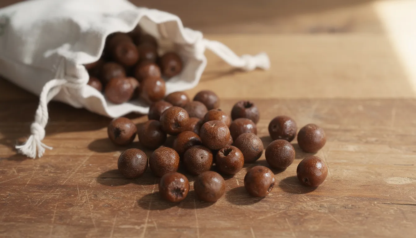 The image shows natural brown soap berries spilling out of a small cloth bag onto a wooden surface, highlighting an eco-friendly alternative to traditional laundry detergents. These soap berries are plant-based and free from harsh chemicals, making them suitable for sensitive skin and a great choice for non-toxic laundry.