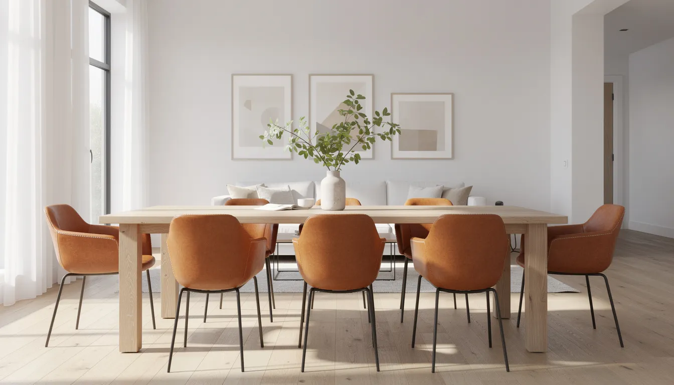 In een lichte woonkamer staan cognac leren eetkamerstoelen rondom een eiken eettafel, wat een moderne en tijdloze uitstraling creëert. De speelse opstelling van de leren eetkamerstoelen voegt karakter en warmte toe aan de eethoek.