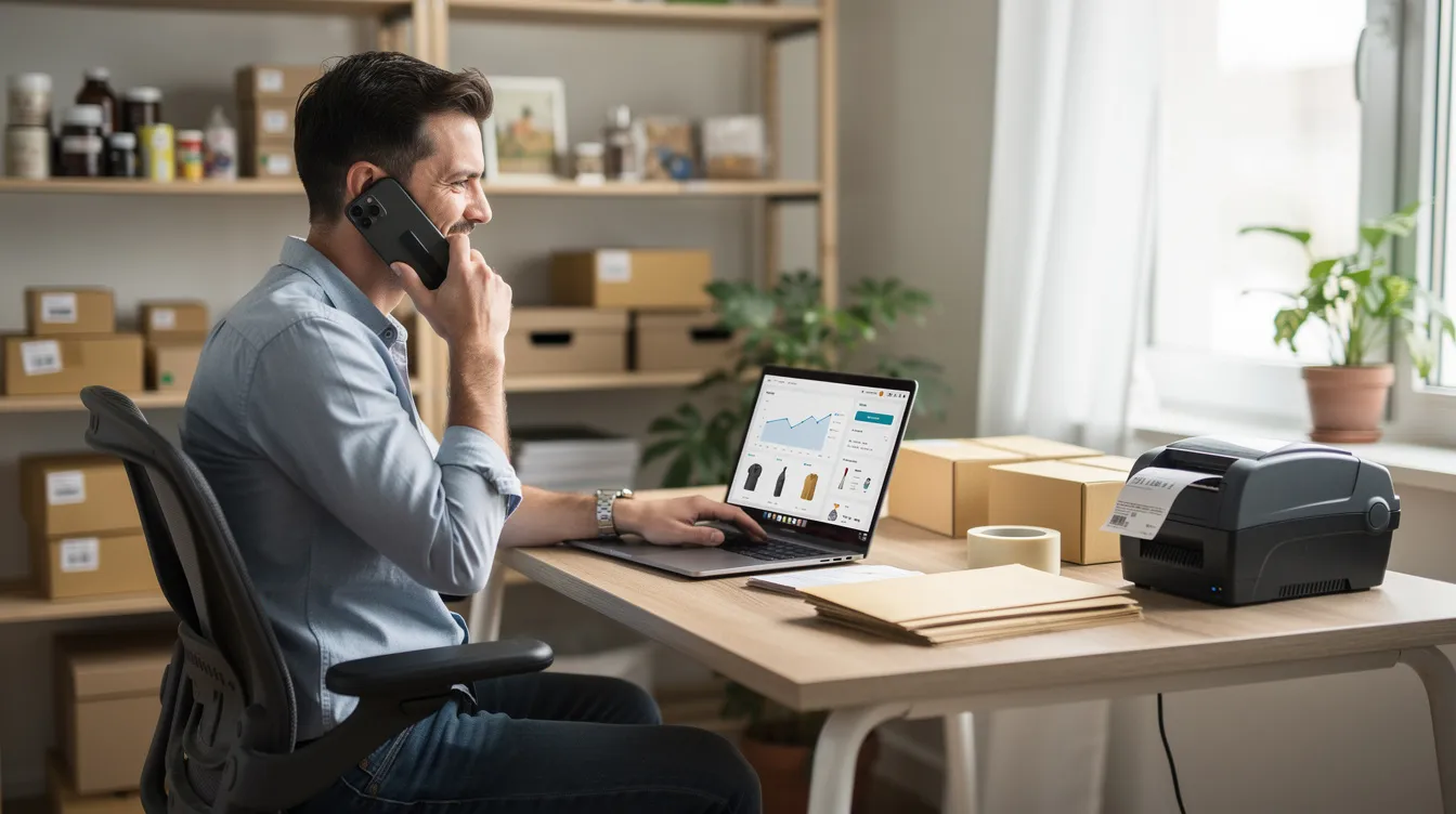 The image depicts a small business owner calling suppliers from his home office as he leaves a message for the order type and number for end-of-month inventory. The image conveys a sense of business growth and success as he has stopped coming up short for orders by using funding to ensure supply.