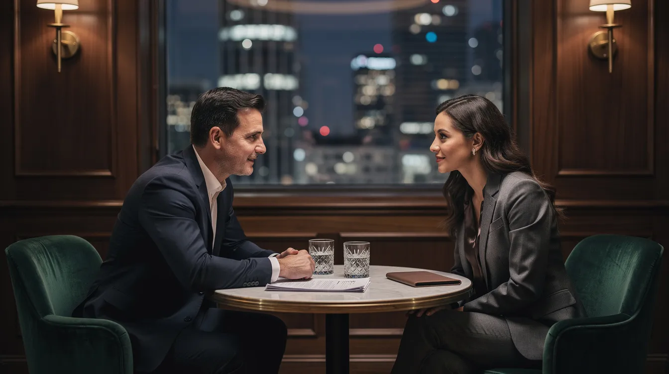 Two well-dressed professionals engage in a meaningful conversation at an elegant table in a private members club.