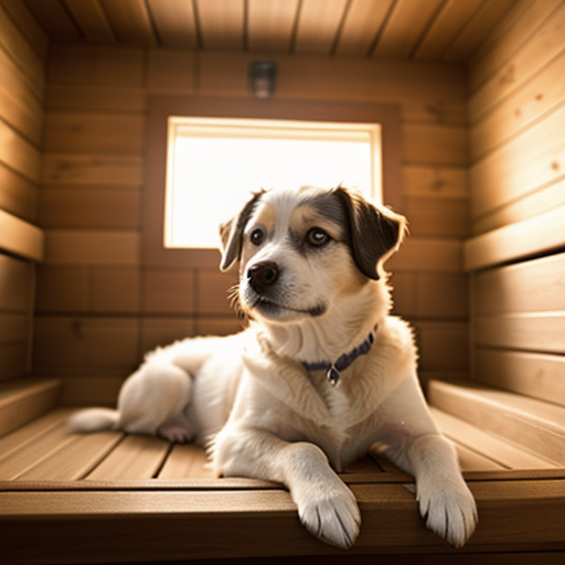 Image of a cute dog in a home sauna.