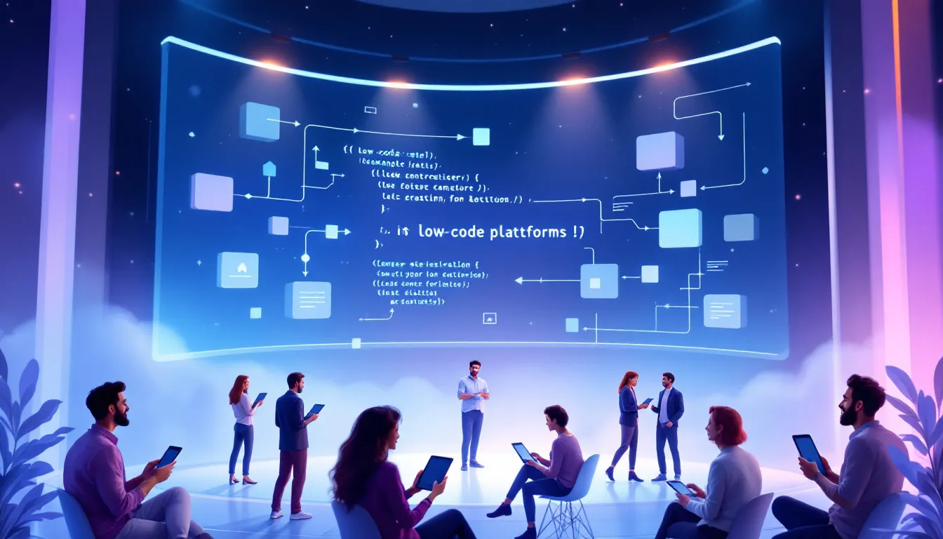 Build apps, An illustration showing the concept of low code platforms, app development, low code development platform, no code platforms, technical expertise, low code development tools, code app, business users, drag and drop functionality, create apps, drag and drop tools, many low code platforms, visual development,