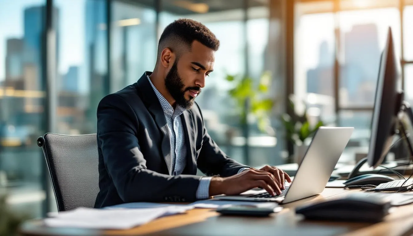 The image depicts a business professional evaluating various digital marketing agencies, showcasing a laptop with graphs and charts that represent digital marketing services. This scene highlights the importance of selecting the right digital marketing company to drive growth and enhance online presence for ambitious brands.