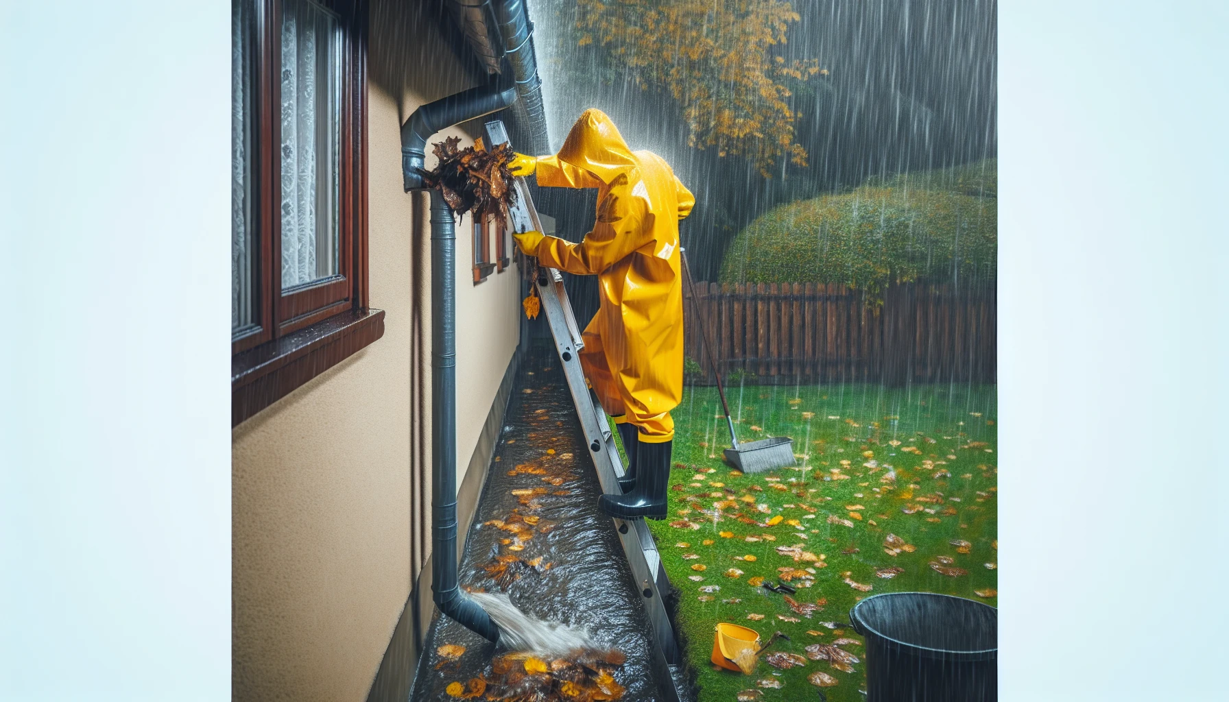 Removing large debris from gutters in the rain