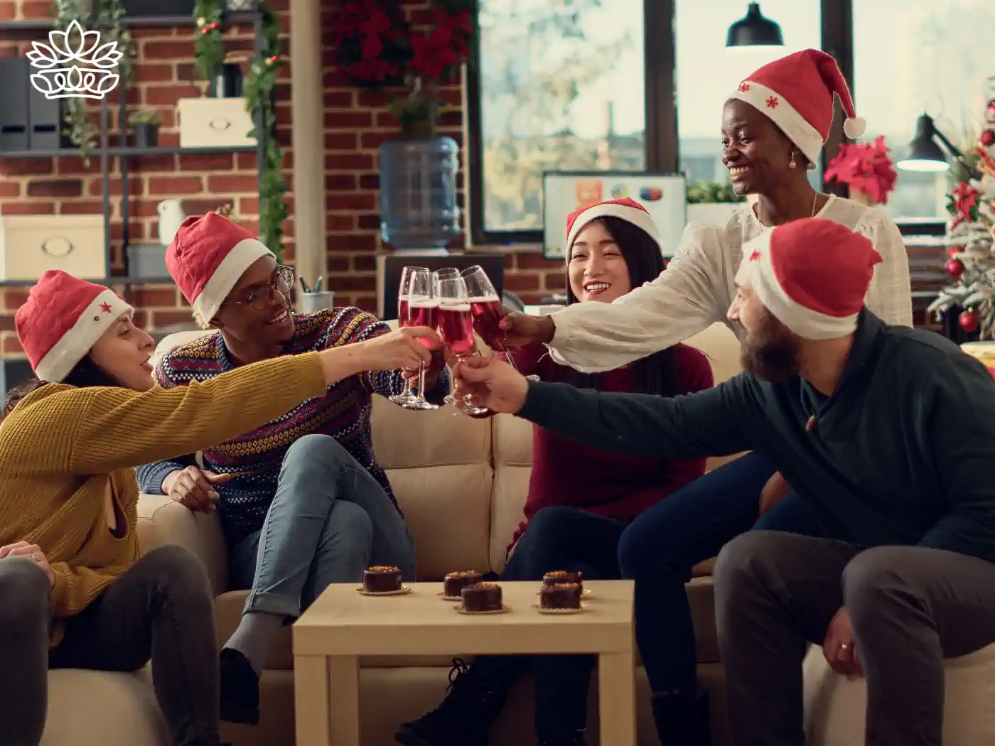 A group of friends gathered around a cozy couch, holding wrapped gift boxes, toasting and enjoying each other's company, part of the Festive Season Gift Boxes Collection. Delivered with Heart by Fabulous Flowers and Gifts.