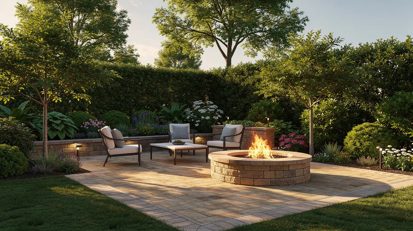 The image depicts a beautifully designed outdoor space featuring a finished patio made of pavers, surrounded by lush trees and shrubs, with comfortable seating and a cozy fire pit, perfect for outdoor living and entertaining. This landscape design showcases a harmonious blend of natural elements and functional features, creating an inviting atmosphere for relaxation and gatherings.