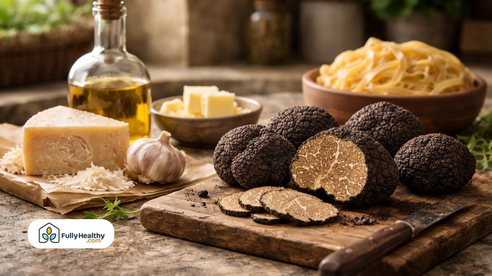 Black truffles with cheese olive oil and garlic