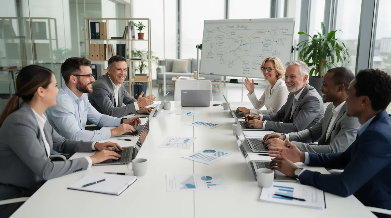 Un gruppo di professionisti discute attivamente attorno a un tavolo, circondato da laptop e documenti, in un ambiente di lavoro collaborativo. Questa scena riflette l'importanza della gestione delle relazioni con i fornitori e del processo decisionale nell'ambito dell'approvvigionamento e della qualifica dei fornitori.
