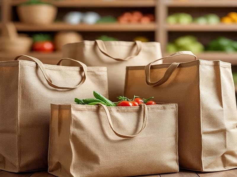 An image of four reusable jute shopping bags, with one bag filled with fresh vegetables like tomatoes and leafy greens, placed on a wooden floor in front of shelves with various food items.