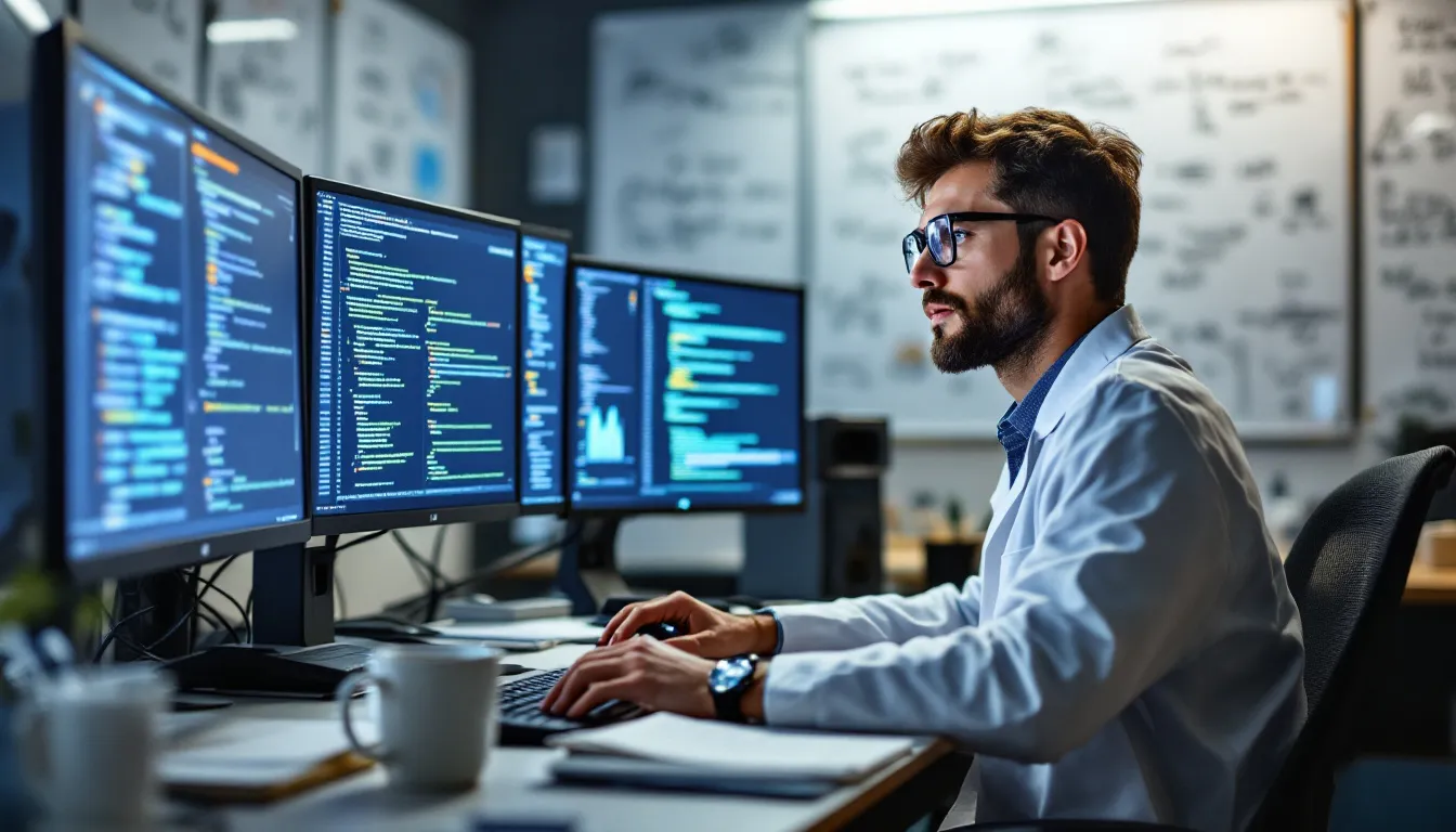 The image illustrates advanced techniques in training and fine-tuning large language models, showcasing concepts like transformer architecture, reinforcement learning, and supervised fine-tuning. It emphasizes the importance of data quality and model performance in enhancing natural language processing capabilities for AI systems.