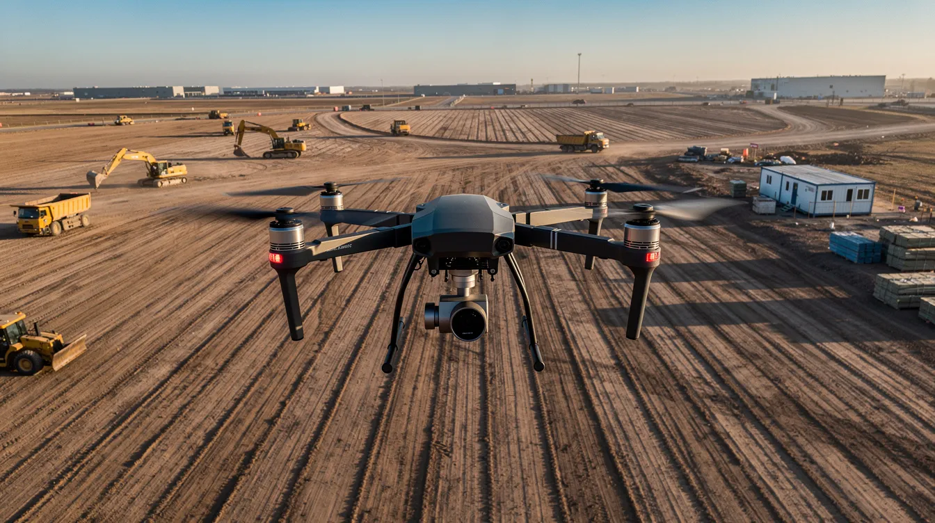 A commercial drone is hovering above a large, flat industrial construction site, where earthmoving equipment and graded soil are visible below. This scene highlights the use of drone technology in the construction industry for site surveys and progress monitoring, enhancing operational efficiencies and improving job site safety.