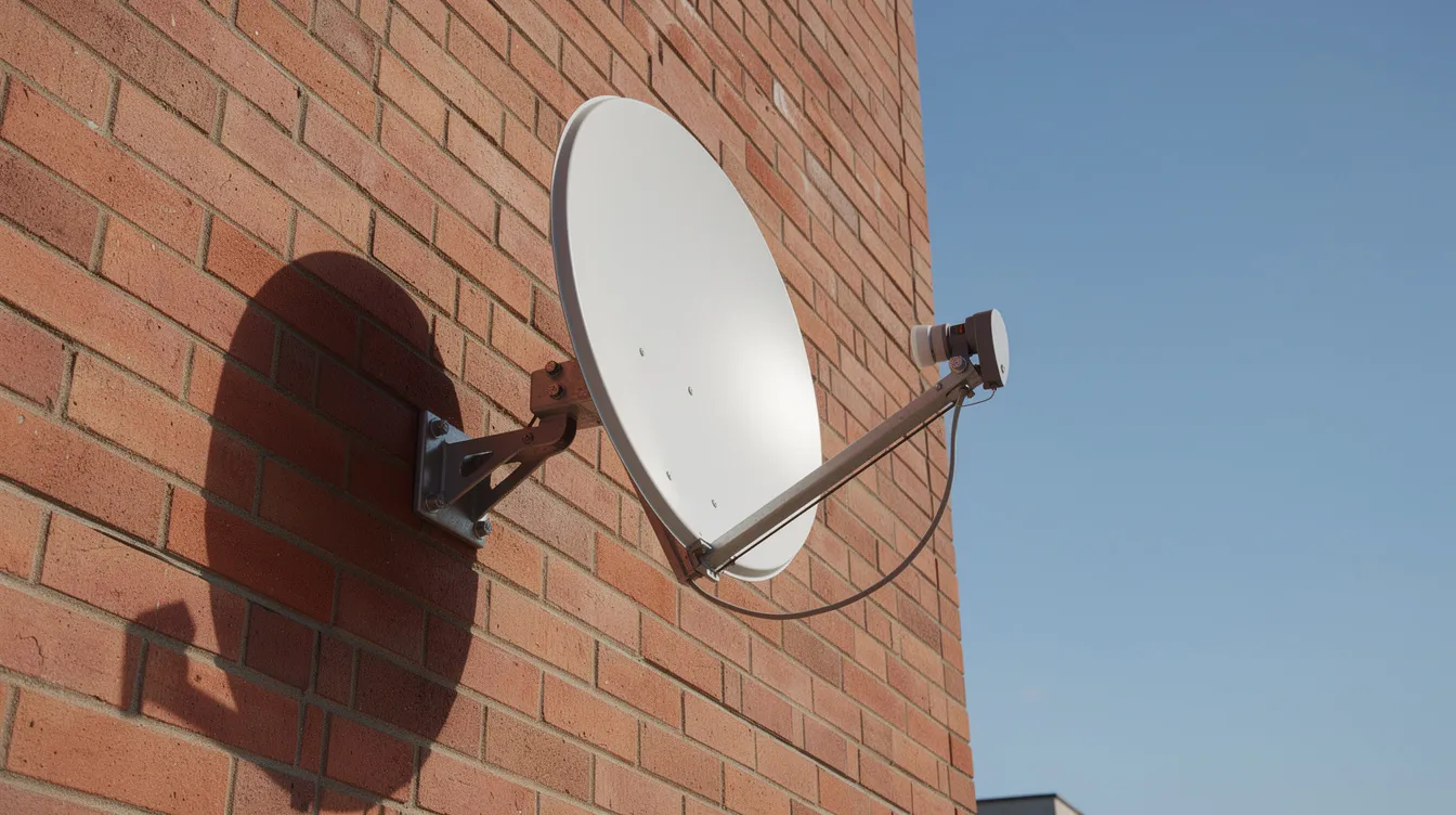 A satellite dish is securely mounted on a brick wall, positioned against a clear blue sky, indicating a reliable signal for DSTV Explora installations. This setup is essential for accessing various features, including streaming apps and parental control, enhancing the viewing experience.