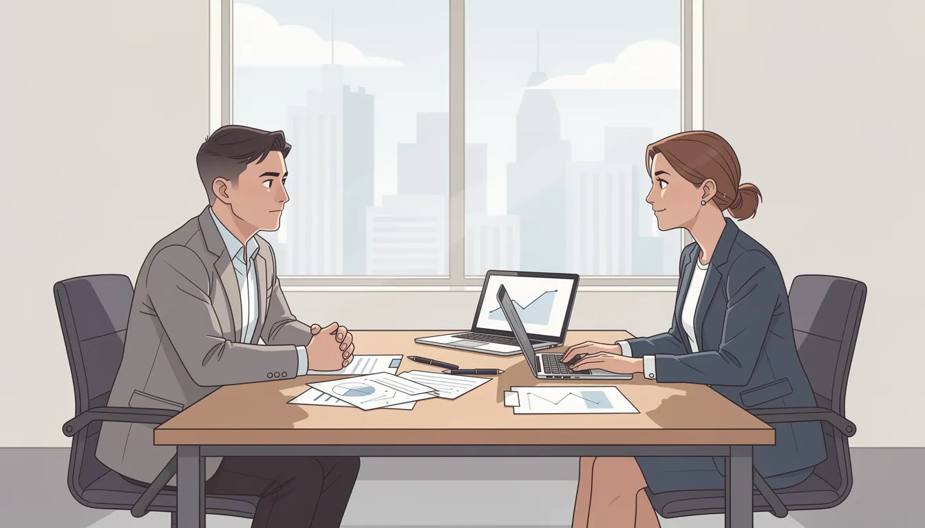 Une illustration montre une réunion professionnelle entre deux personnes assises à un bureau, entourées de documents et d'un ordinateur portable, dans un bureau moderne. Cette scène évoque un échange d'idées sur des sujets tels que les cryptomonnaies et les risques d'escroquerie dans le domaine des investissements.