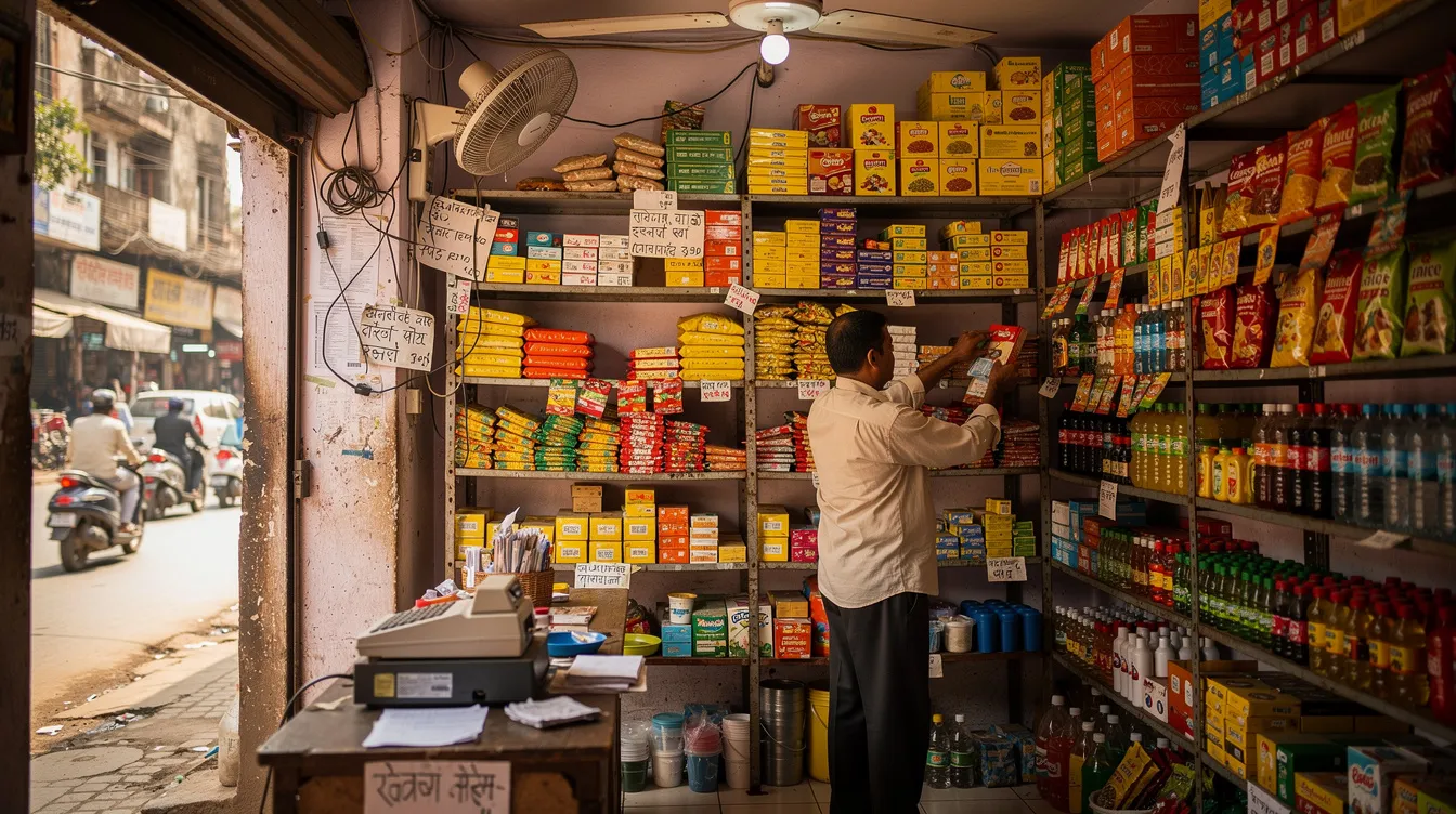 A small business owner is meticulously arranging various products on shelves inside a retail shop located in an Indian city, showcasing the entrepreneurial spirit essential for success in the market. This scene reflects the practical aspects of managing a small business, which may be detailed in a project report for a mudra loan or similar financial initiatives.