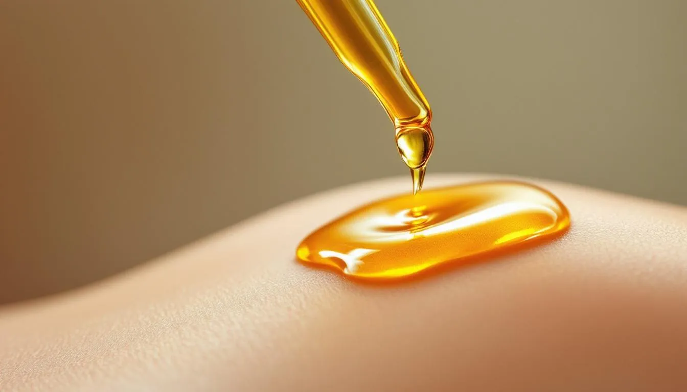 Une pipette laisse tomber des gouttes d'huile dorée de figue de barbarie sur une peau douce, mettant en avant la texture légère et nourrissante de l'huile de pépins. Cette huile, riche en acides gras essentiels et en vitamines, est idéale pour le soin du visage et lutte contre les signes du vieillissement.