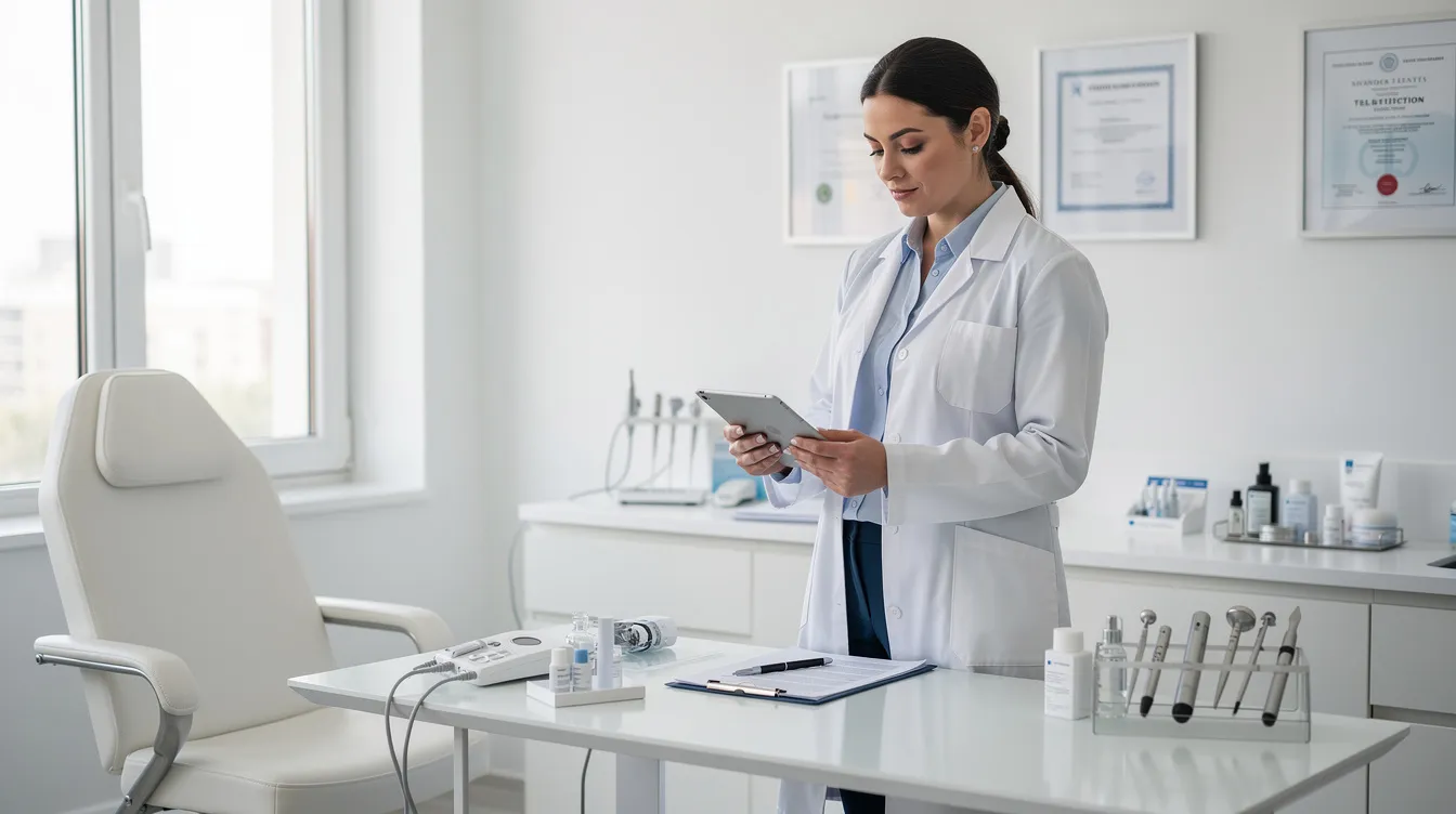 The image depicts a professional dermatologist in a sleek, modern medical office, preparing for a patient consultation regarding cosmetic treatments. The dermatologist is likely discussing options such as Sculptra injections, which stimulate the body's natural collagen production to address volume loss and improve skin quality.