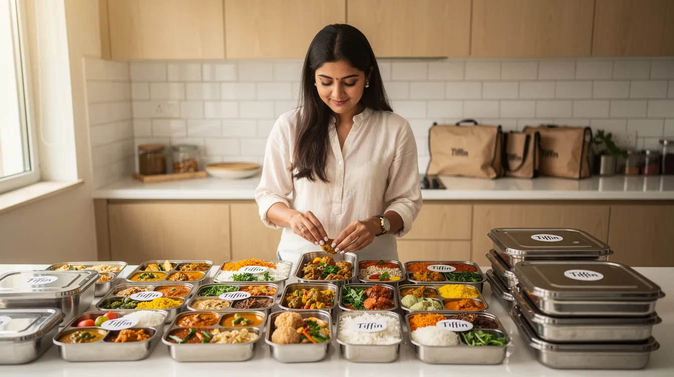 85d00635 5c58 438e 8ada f8f0ce693632 A woman is seen preparing food packages in a tidy home kitchen, showcasing her entrepreneurial spirit as she runs a tiffin delivery business. This scene reflects the aspirations of female entrepreneurs who may seek financial assistance through programs like the Pradhan Mantri Mudra Yojana to support their small and micro enterprises.