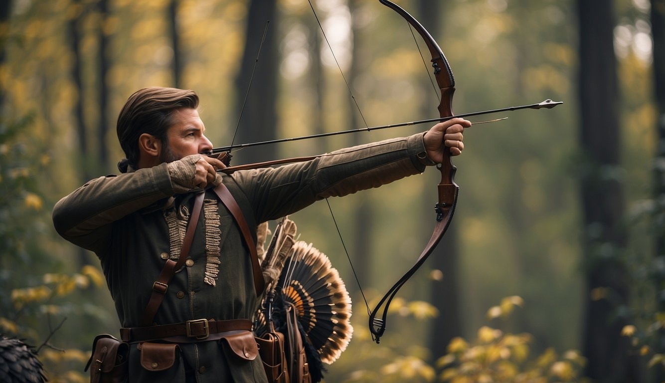 A man takes aim to shoot using a bow and fixed blade broadhead arrow