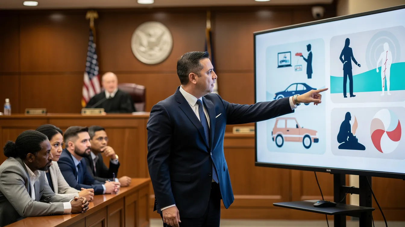 A personal injury attorney stands confidently in a Phoenix courtroom, presenting evidence to a jury while pointing to a large display featuring accident diagrams and medical illustrations. The attentive jurors and the judge in the background create a serious atmosphere, emphasizing the importance of personal injury law and the legal process involved in seeking compensation for injury victims.