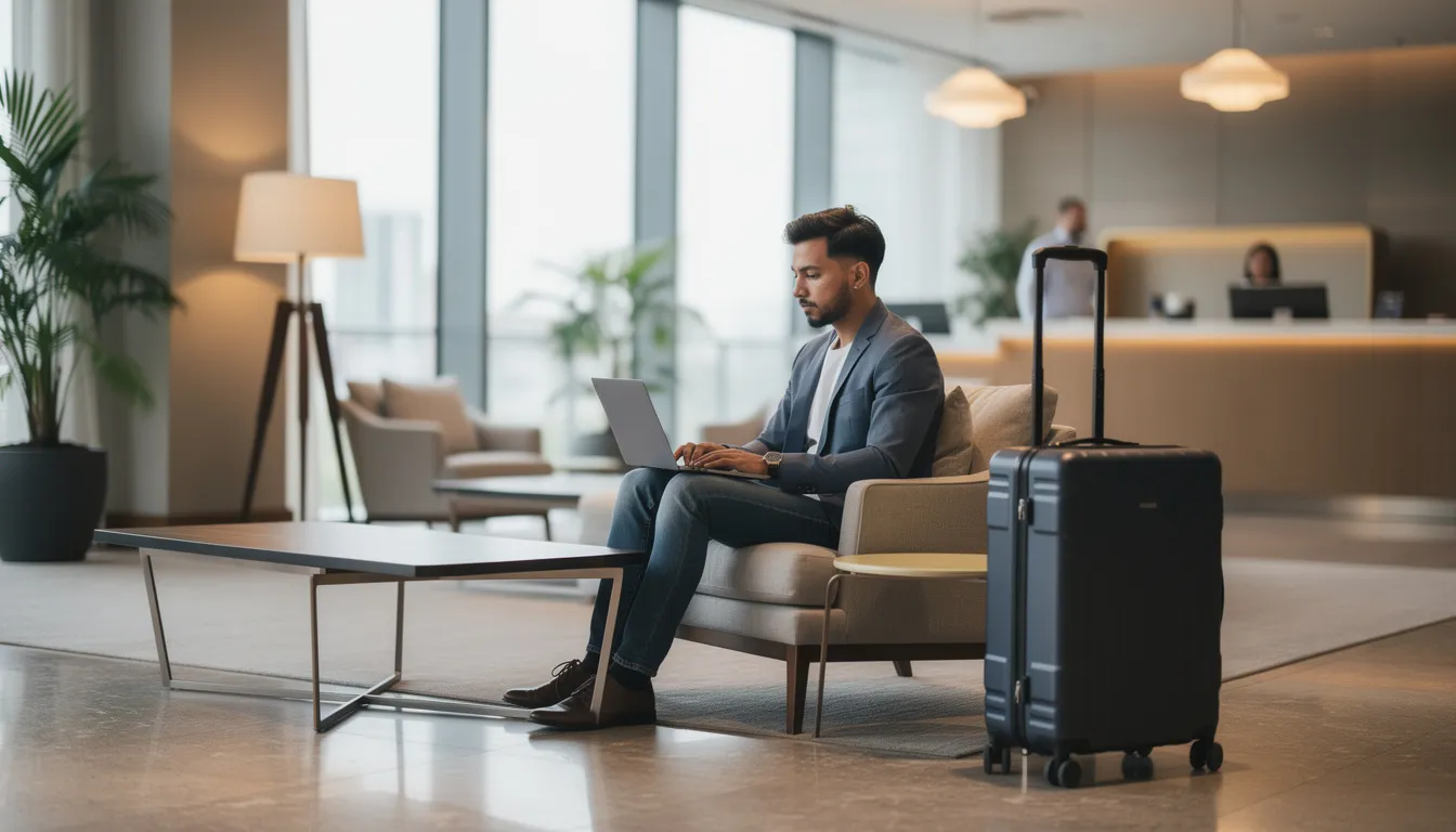 A person is seated in a modern hotel lobby, focused on their laptop while a suitcase rests beside them, suggesting they are likely traveling for work or leisure. The scene captures the essence of secure password management on-the-go, emphasizing the importance of using a reliable password manager to protect sensitive data during travel.
