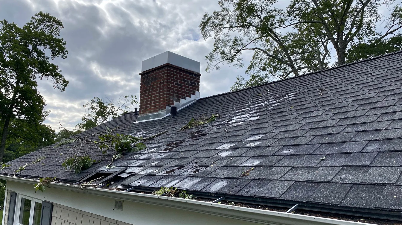 The image depicts a residential asphalt shingle roof on a coastal Connecticut home, showcasing visible shingles and chimney flashing, with nearby trees swaying in the aftermath of stormy weather. The roof appears to have suffered from storm damage, highlighting the importance of a roof inspection and potential roof insurance claim for homeowners.