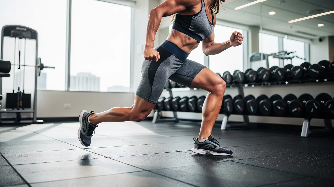 A person is wearing modern gym clothing and performing a dynamic workout in a bright gym, showcasing their fitness apparel and confidence. The scene captures the energy of training, highlighting the functionality and style of their activewear.