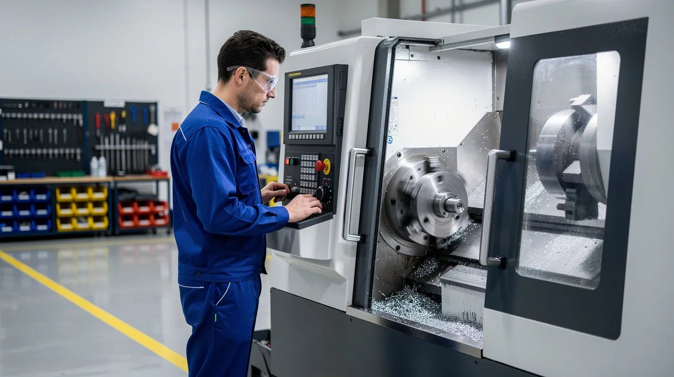 A CNC machine operator wearing safety glasses is attentively monitoring a running CNC lathe on a clean factory floor, showcasing the precision CNC machining process in action. The operator ensures quality control while overseeing the manufacturing process of complex parts using advanced CNC technology.