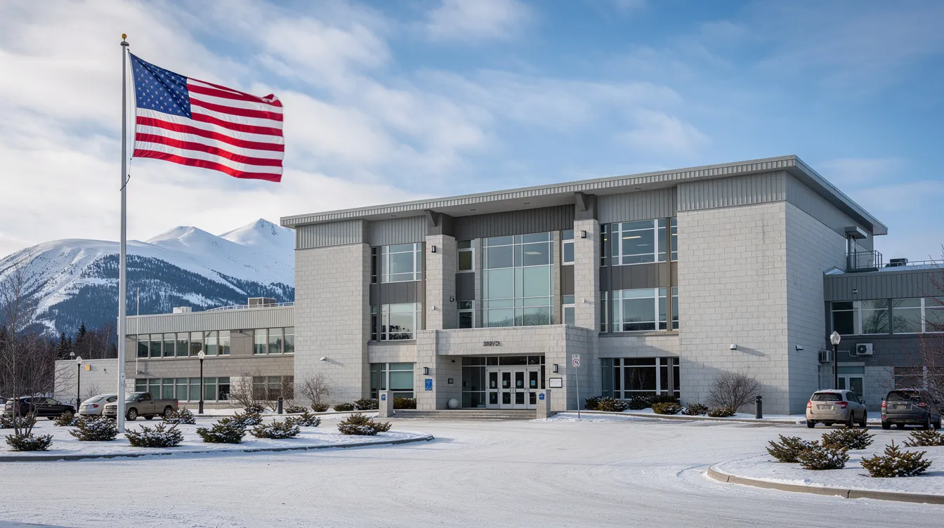 The image depicts a government building in Alaska, prominently featuring an American flag waving in front. This setting symbolizes the state's legal framework surrounding cannabis, including the regulation of recreational cannabis and medical cannabis, as well as the legal status of THCA and hemp-derived products.