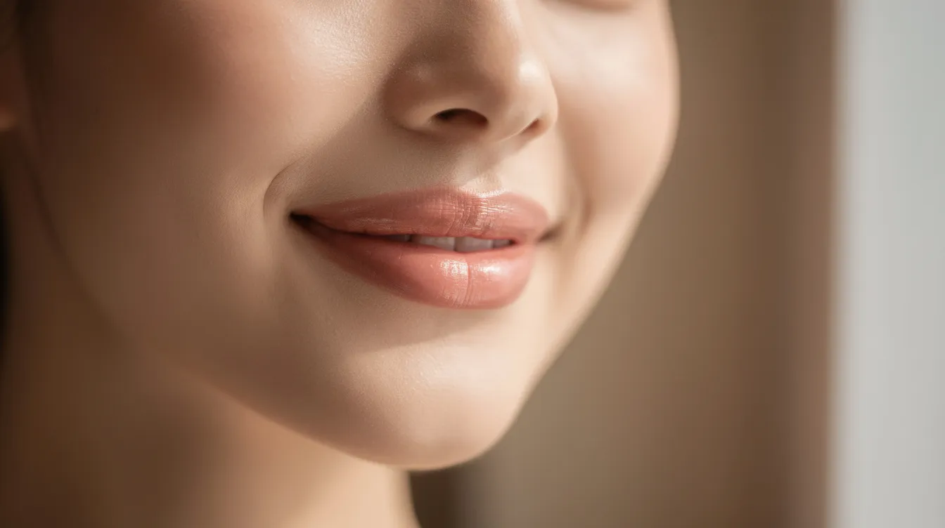 A close-up photo captures a woman with smooth, natural-looking lips, smiling softly, showcasing the subtle enhancements from lip filler treatment. Her lips appear plump and well-hydrated, reflecting the effects of hyaluronic acid fillers that provide immediate results and a natural appearance.