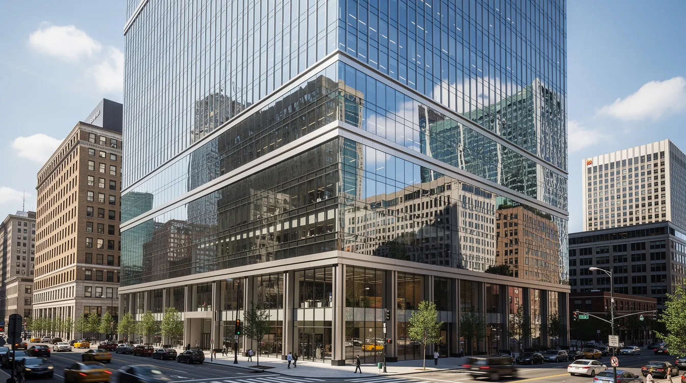 A modern office building features reflective windows that mirror the urban landscape, providing an aesthetic appeal while also offering safety and security with protective window films. These films can help hold broken glass in place, adding an extra layer of protection against potential property damage from accidents, natural disasters, or forced entry.