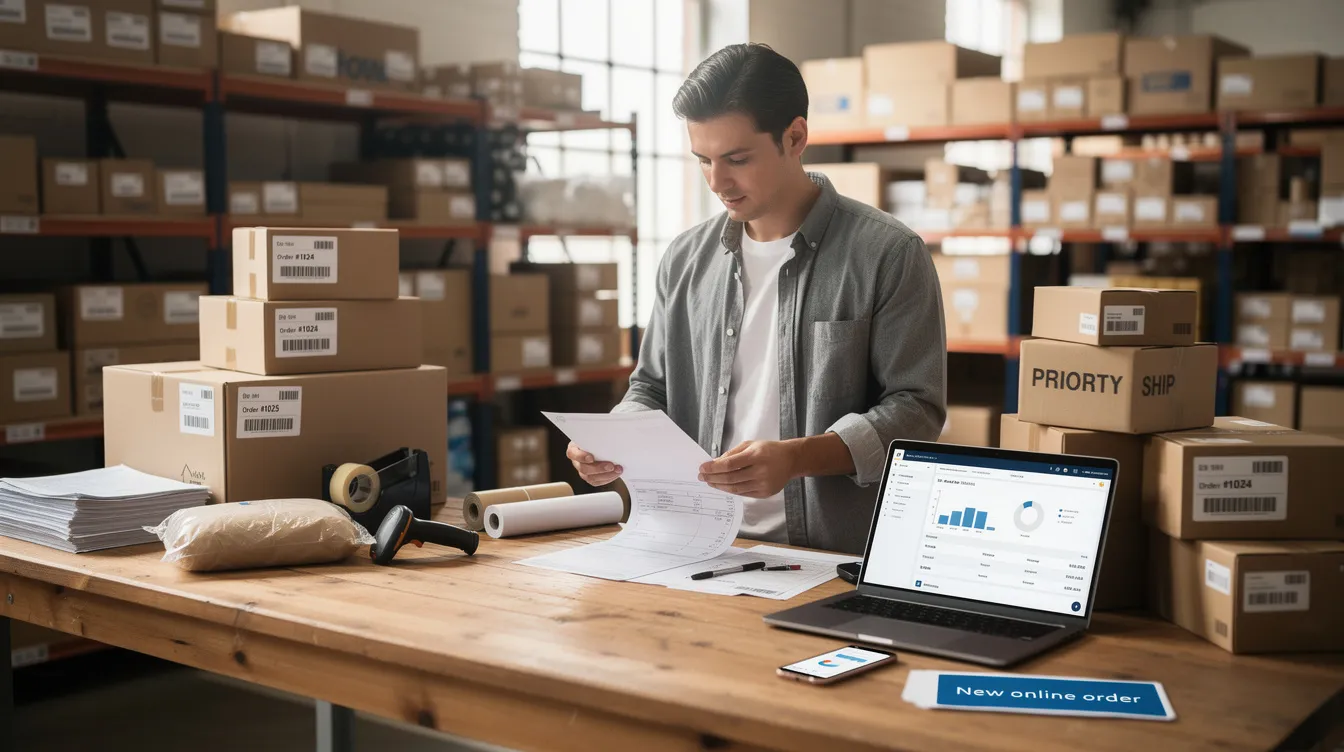 A small business owner is reviewing various ecommerce packages in a warehouse, surrounded by shelves stocked with dropshipping products. This scene highlights the importance of reliable dropshipping suppliers and efficient order fulfillment in the ecommerce business.