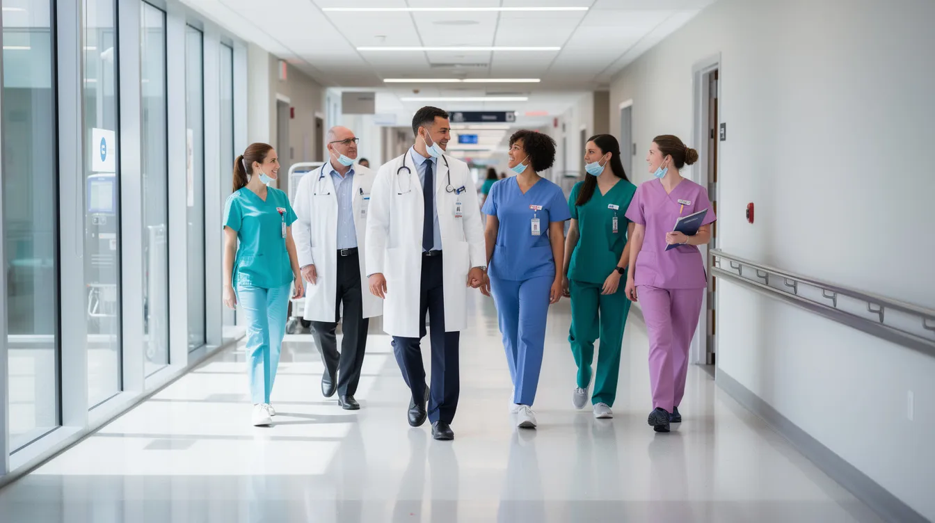 A group of healthcare workers is walking through a brightly lit modern hospital corridor, surrounded by sleek walls and advanced medical equipment. The scene captures the dynamic environment of healthcare facilities, where personal devices and mobile devices are essential for daily operations.