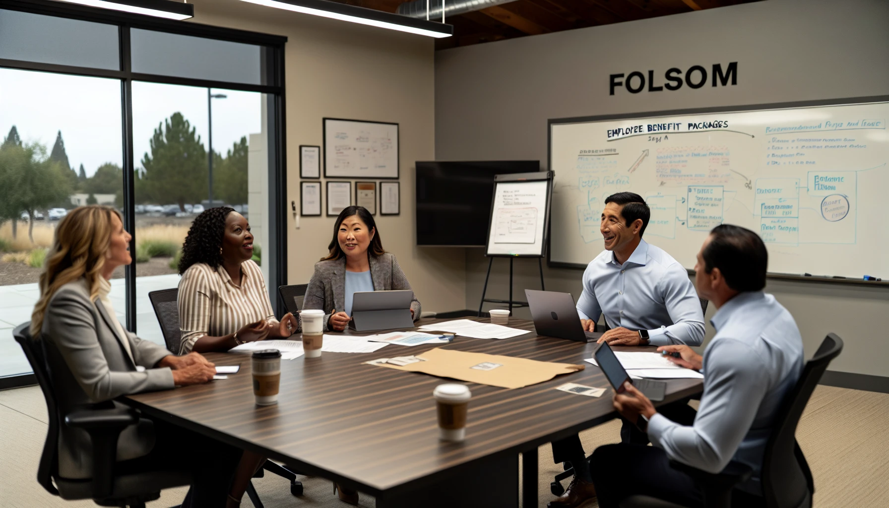 A diverse group of employees discussing employee benefit packages in Folsom, CA