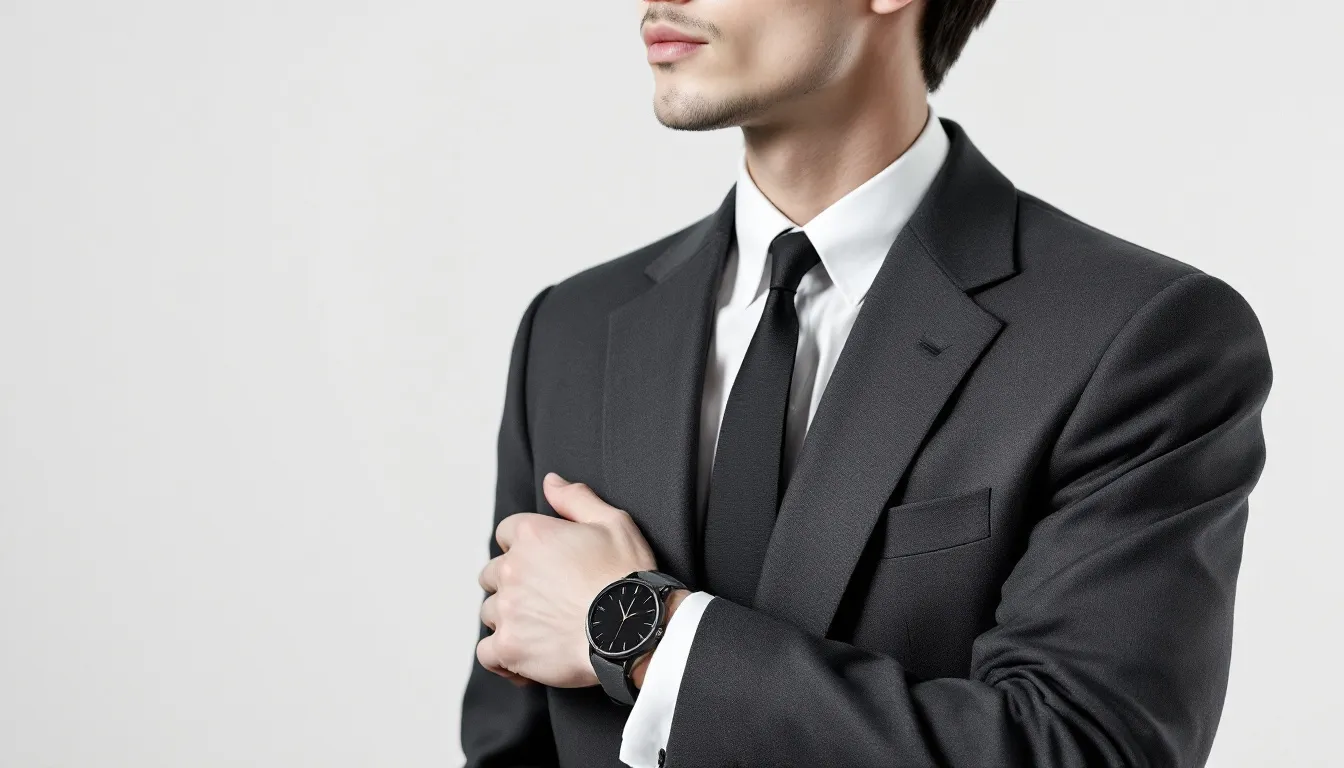 A stylish individual wearing a gray suede watch strap with a classy outfit.