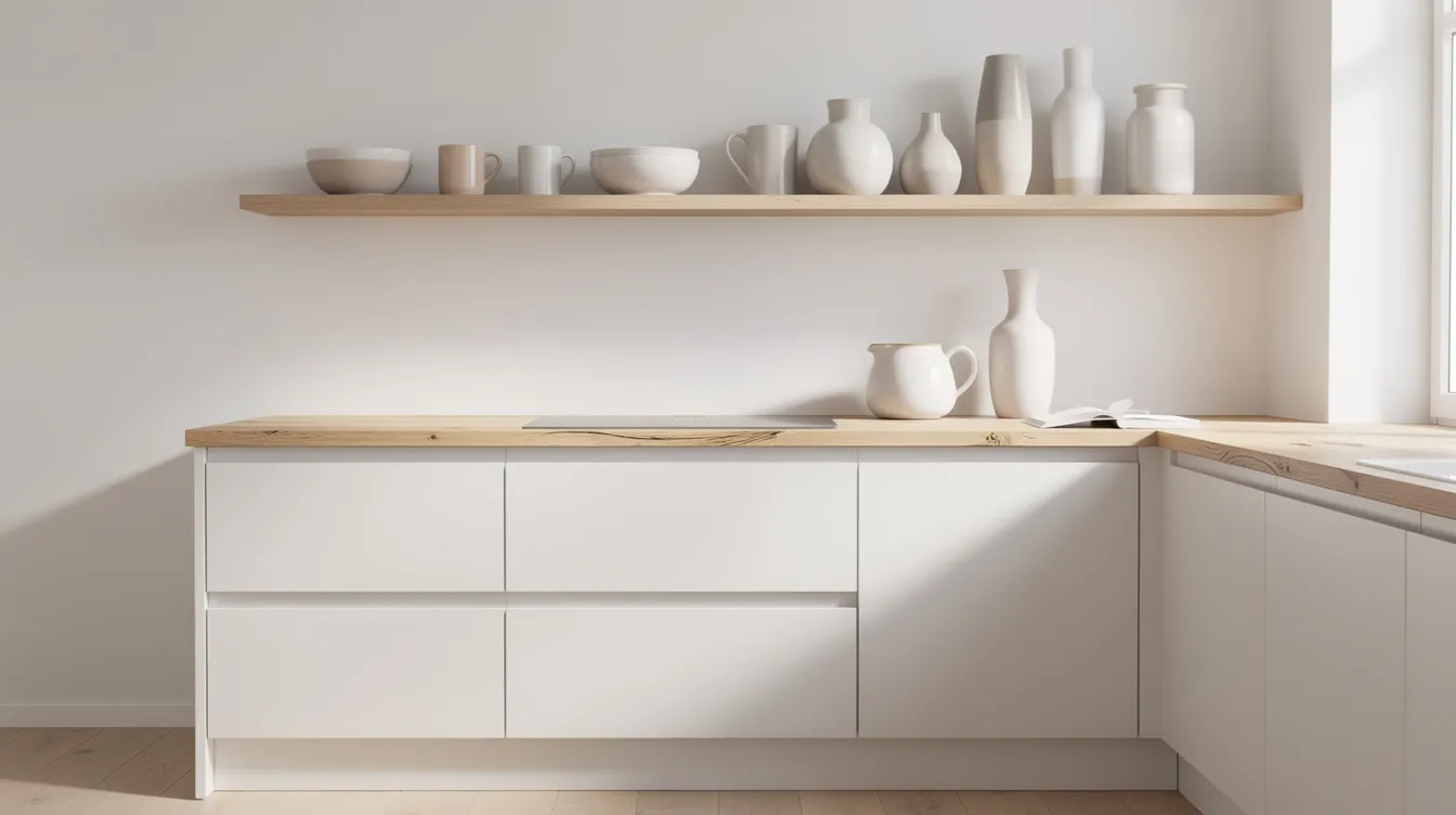 Ett ljust och modernt skandinaviskt kök med vita skåpluckor och en bänkskiva i ljus ek. Öppna hyllor visar keramikkärl, vilket ger en känsla av naturliga material och minimalistisk design.