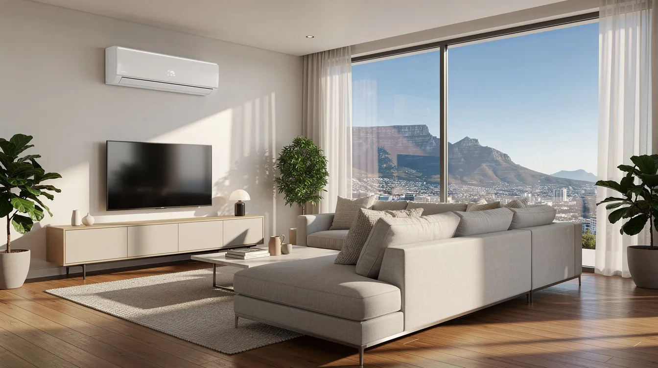 The image shows a modern open-plan living room in Cape Town, featuring large windows that provide a stunning mountain view. A sleek white wall-mounted inverter air conditioner is installed high on the wall, ideal for both cooling and heating the space.