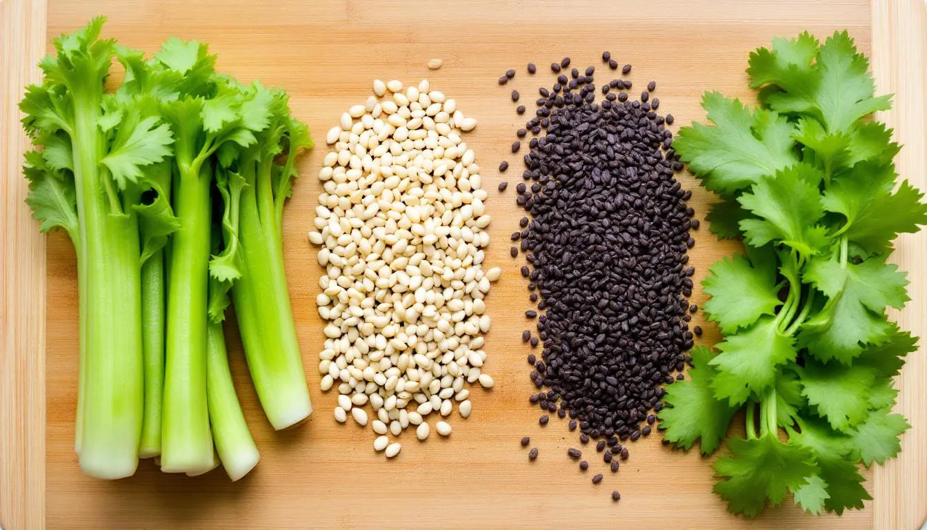 The image features fresh green celery stalks alongside celery seeds, beautifully arranged on a rustic wooden cutting board. This display highlights the versatility of celery, which has been used since ancient times in the Mediterranean region for its potential benefits in herbal extracts and tinctures.