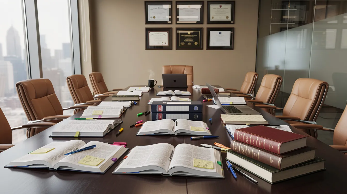 The image depicts a law office conference table cluttered with legal documents and case files, highlighting the focus on truck accident cases and personal injury claims. Various papers suggest discussions on medical expenses, lost wages, and the legal options available for victims of accidents in Galveston.