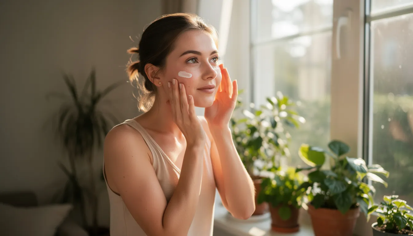 A woman with a radiant skin tone is applying a nourishing cream to her face, illuminated by soft morning light streaming through a window adorned with lush plants. This scene embodies the essence of natural beauty and clean ingredients, highlighting the importance of using organic cosmetics free from harmful chemicals.